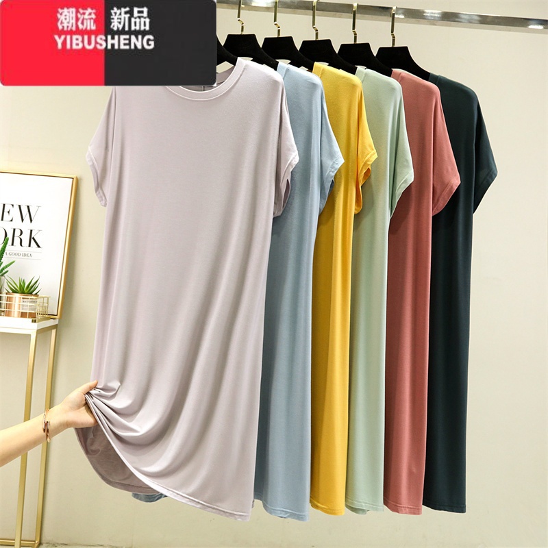 YIBUSHENG莫代尔短袖连衣裙女薄内搭打底裙宽松大码家居睡裙百搭中长款裙子高清大图