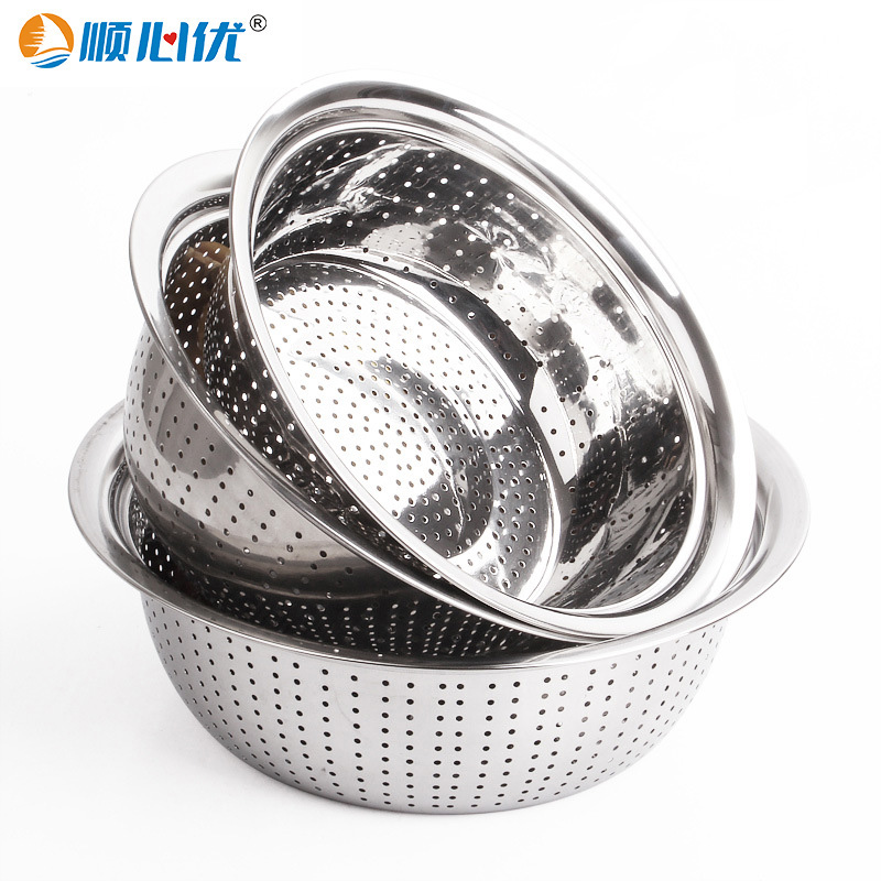 顺心优 加厚不锈钢多用漏盆 洗菜盆 反边洗米筛 20cm/个高清大图