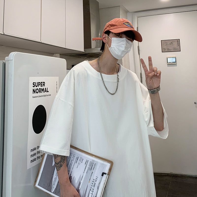 WOOG2005港风棉麻短袖t恤男加大码宽松潮胖子休闲简约体恤五分袖