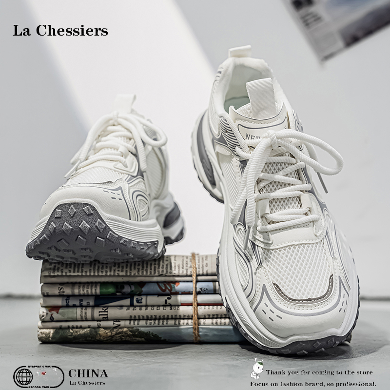 La Chessiers男鞋2026秋冬季新款韩版百搭休闲运动跑步厚底防滑板鞋小众老爹潮鞋 白色 43码