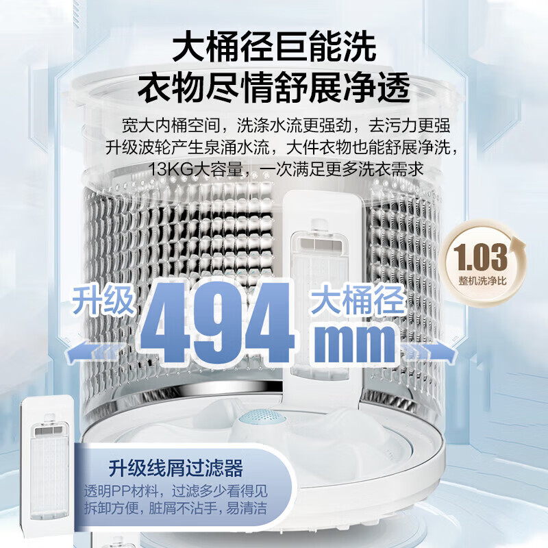 海尔(Haier) 13公斤 变频 全自动 波轮洗衣机 精华洗 除菌螨 玻璃盖 仿手搓 XQB130-BSE37B高清大图