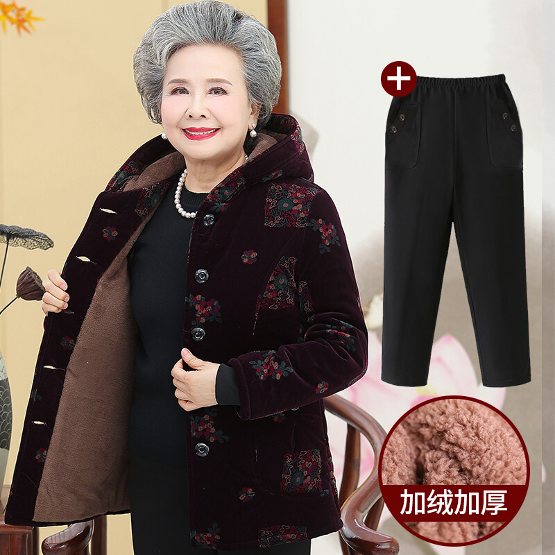 迪鲁奥(DILUAO)老年人冬装女70岁奶奶装棉衣胖妈妈秋冬款老太太老人加厚棉袄衣服 方块紫（上衣+裤子） 3XL（建议120-130斤）