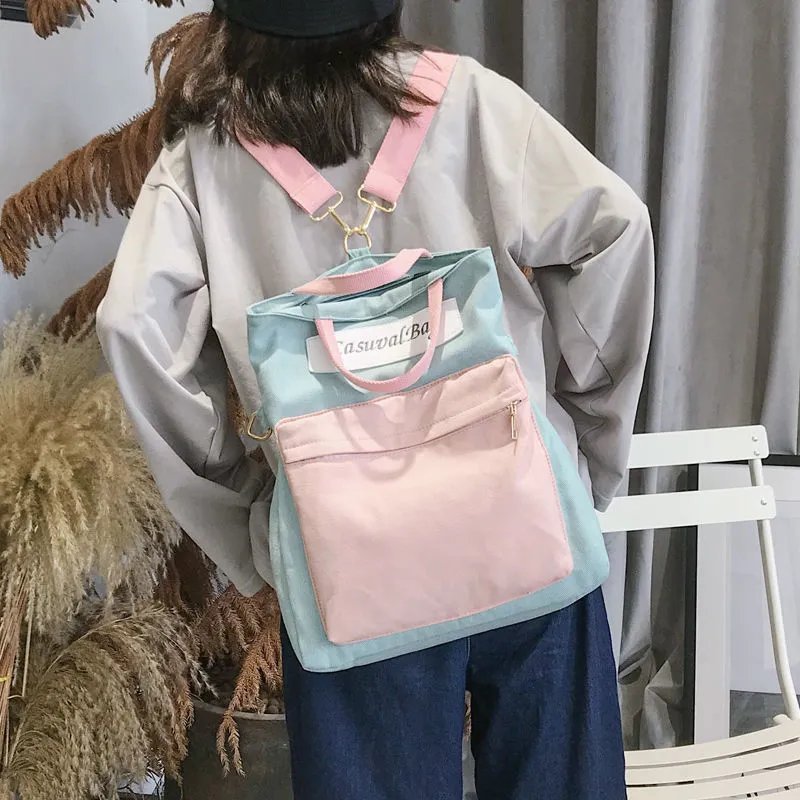 ins个性慵懒风拼接帆布包多用双肩包女斜挎包学生韩版书包女单肩 白色手指-肩带可拆卸