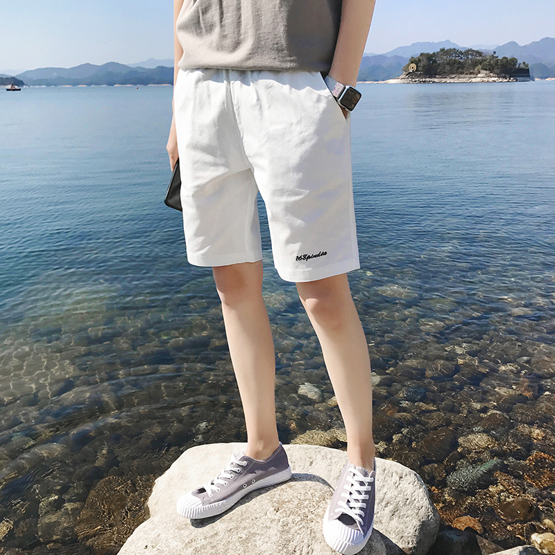 2018年夏季年轻五分短裤男青年学生白色休闲裤帅气直筒工装裤潮男