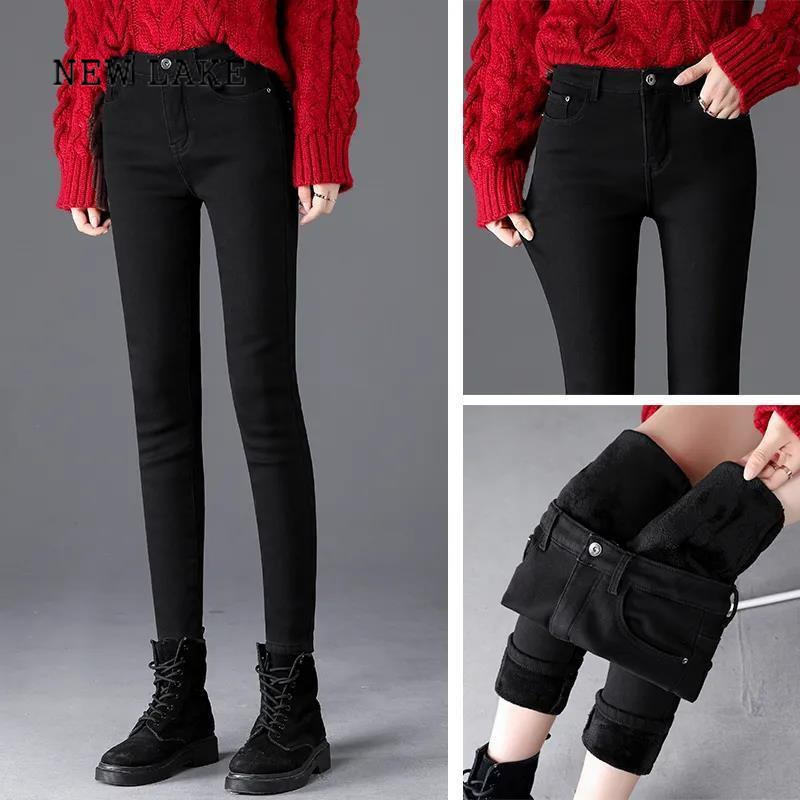 new lake灰色加绒牛仔裤女高腰冬季新款带绒加厚保暖棉裤紧身显瘦小脚