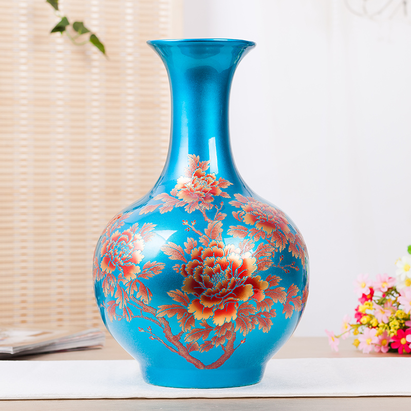 水晶釉陶瓷器落地花瓶摆件中国红色景德镇客厅插花新中式结婚礼品 三维工匠 红富贵冬瓜瓶高清大图