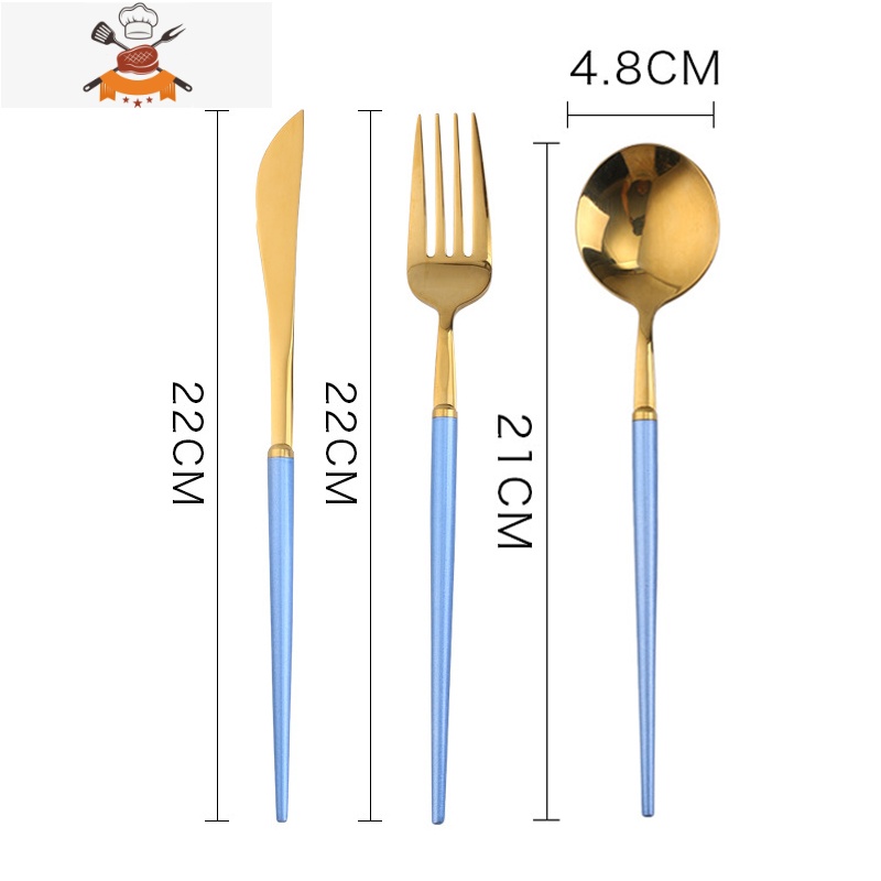 北欧304不锈钢刀叉套装 牛扒意面刀叉勺 西餐餐具三件套叉勺套装 蓝金镜面3件套（刀+叉+勺）W2O2T5