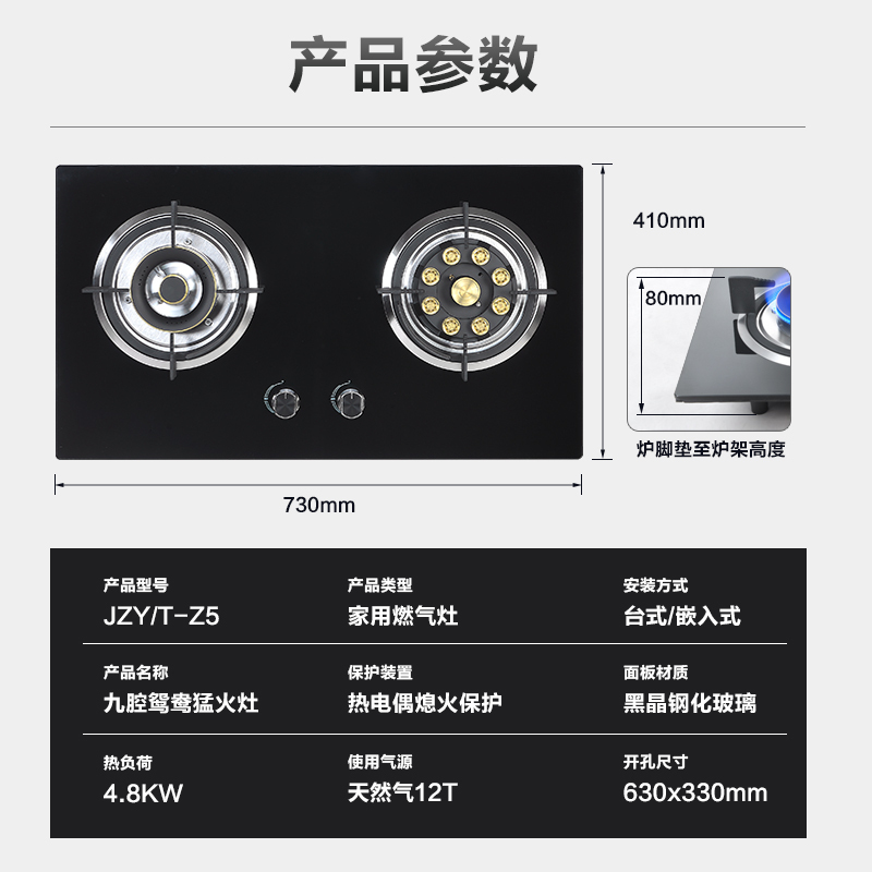 富士宝燃气灶JZT-Z5钢化玻璃燃气灶 大火力鸳鸯双灶具 台嵌两用燃气灶煤气灶(天然气)