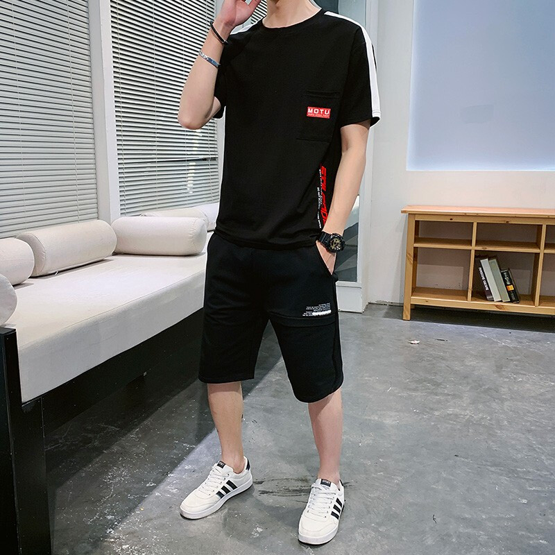 梵克公牛短袖套装男2020夏季新款ins基础大众牌休闲宽松五分袖t恤男