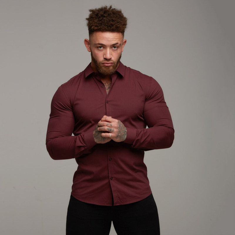 肌肉男健身衬衫男士跑步运动修身寸衫高弹力商务休闲免烫长袖衬衣衬衫