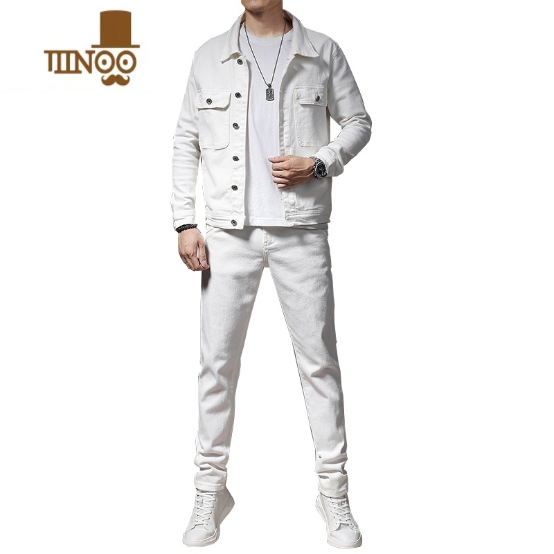 YANXU潮牌白色牛仔外套男休闲套装秋季男装一套搭配成熟牛仔套装男高清大图