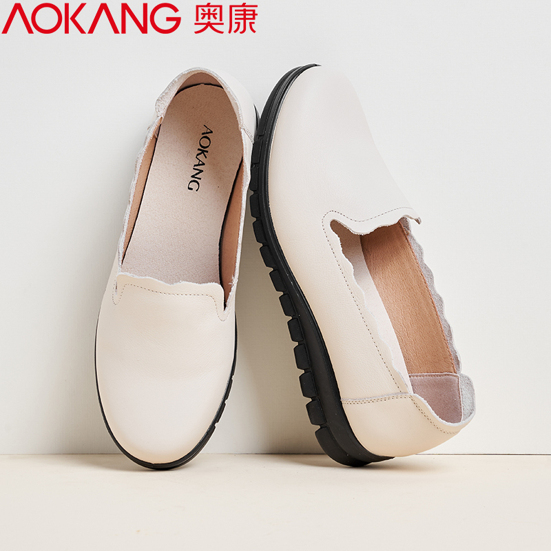 奥康女鞋秋季新款牛皮防滑老人皮鞋女平底休闲女鞋中年妈妈鞋