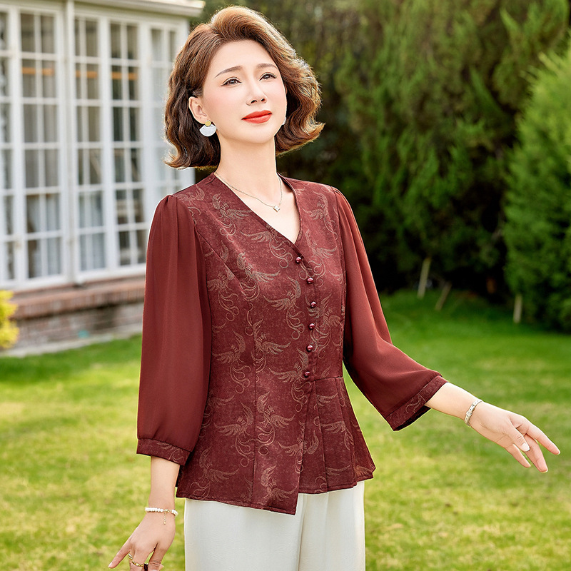 纤孜雅 新中式妈妈夏装七分袖印花上衣女中老年洋气气质减龄大码衬衫50岁高清大图