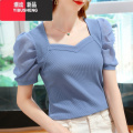 YIBUSHENG冰丝t恤女装新款短袖体恤衫泡泡袖休闲显瘦百搭女士时尚上衣服 蓝色 M