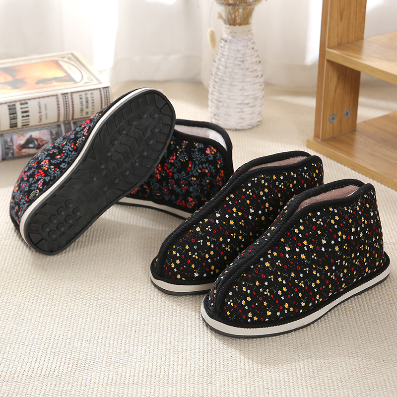 男女冬季两片瓦蚌壳橡胶底中老人棉鞋 居家月子老布棉鞋孕妇鞋