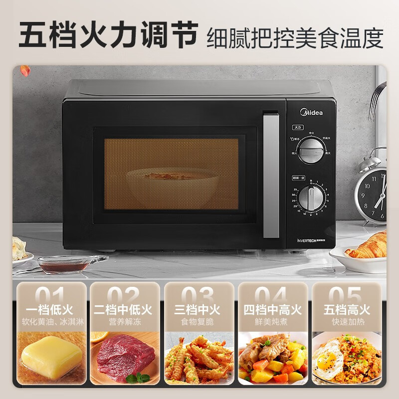 美的(Midea)微波炉 PM20A1双旋便捷操作 五档火力速热 360°转盘加热 20L精巧容量 微碳系列