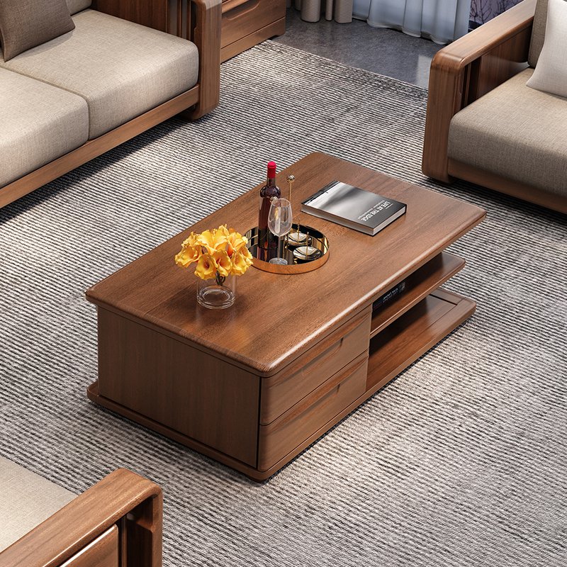 梵宜金丝胡桃木茶桌双层带抽屉喝茶大桌子实木客厅家用921茶几