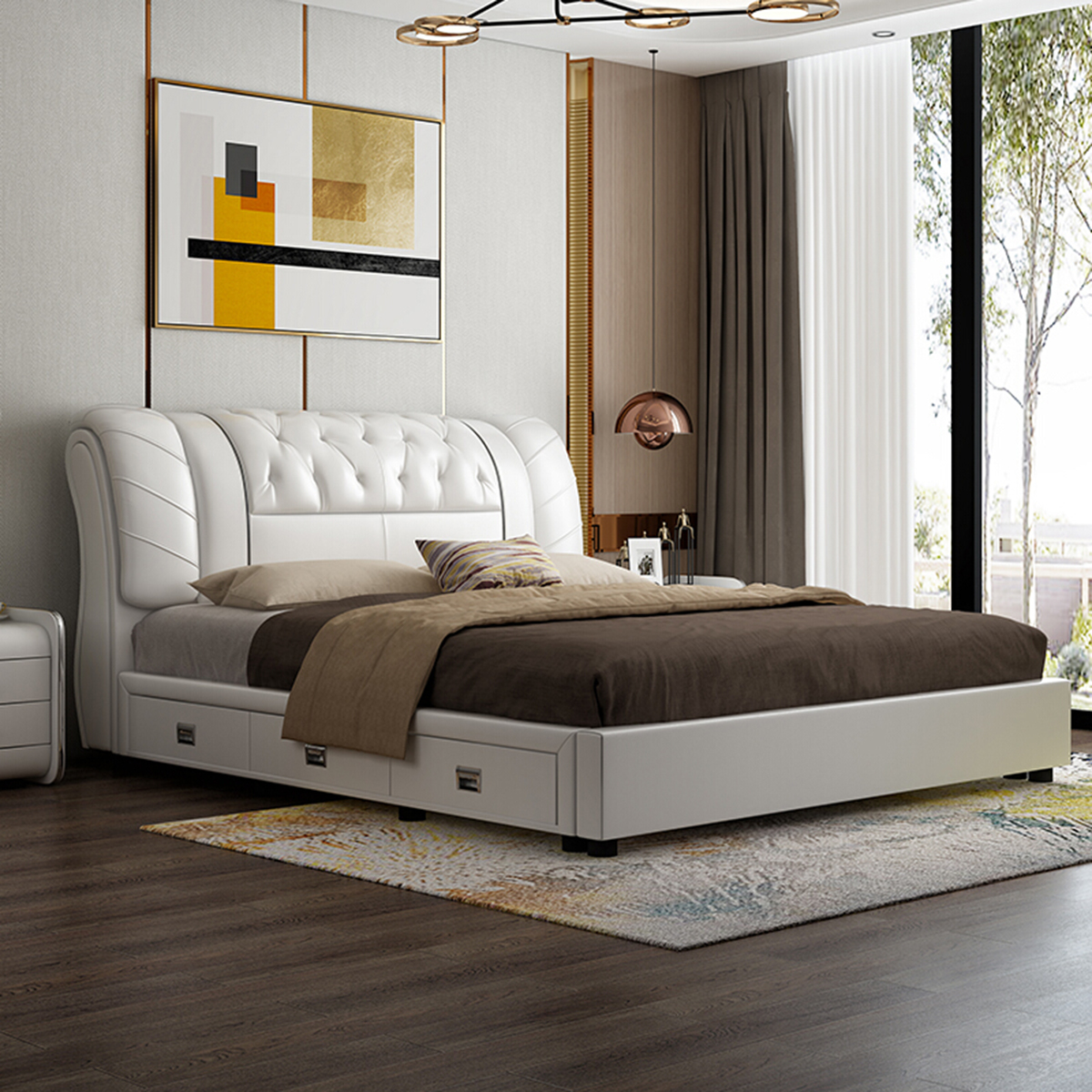 百冠环球现代简约真皮床15米18米双人床婚床主卧轻奢皮艺实木床软床