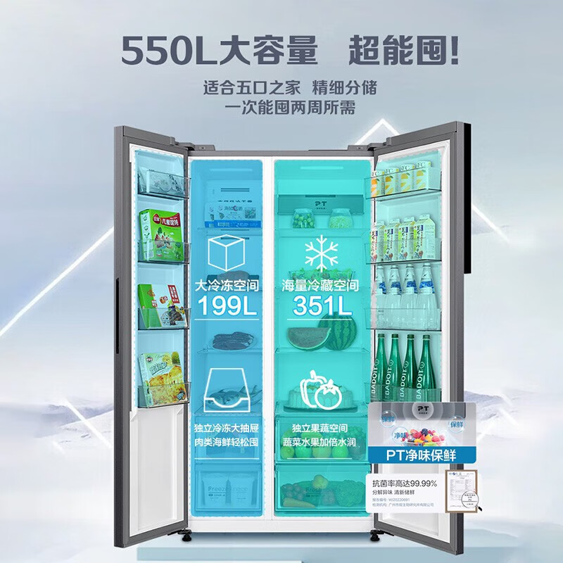 美的(Midea)550升对开门冰箱变频一级能效超薄家用电冰箱智能无霜净味BCD-550WKPZM(E)嵌入大容量