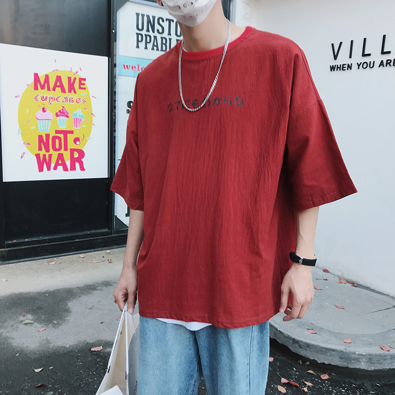 男士五分袖短袖港风休闲宽松T恤男青年BF原宿风风半袖短袖上衣潮