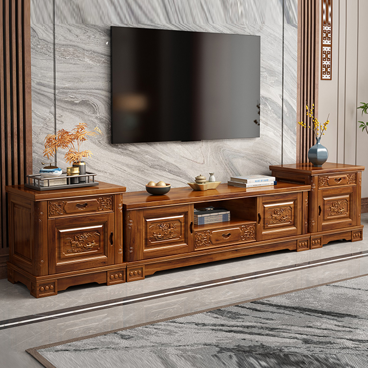水曲柳中式实木电视柜