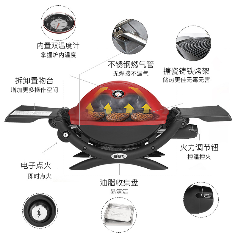 威焙(weber) 便携烧烤炉户外燃气焖烤炉-高盖 Q1250 红色新款 套装版 5件套