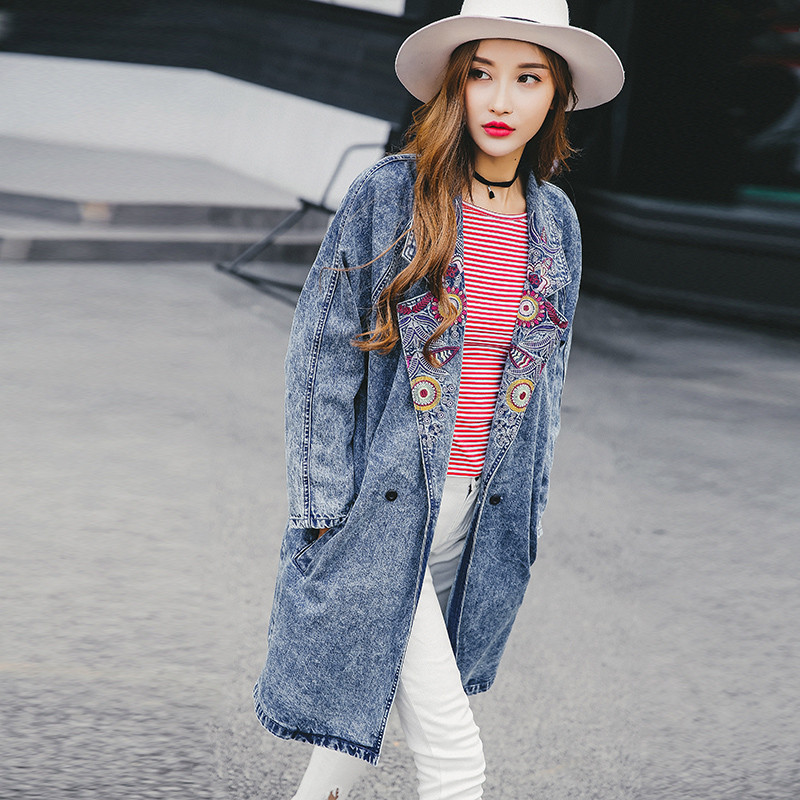 裂帛2019春装新款刺绣西服领中长外套长袖水洗牛仔风衣女