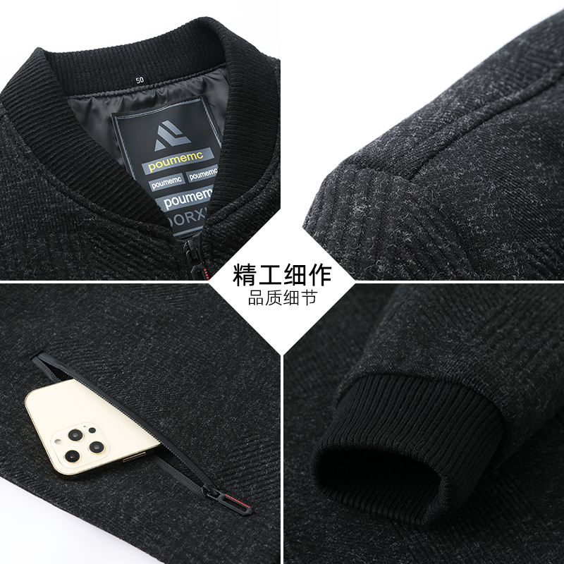 啄木鸟毛呢子夹克男士棒球领春秋季新款中老年人加厚爸爸冬装外套高清大图