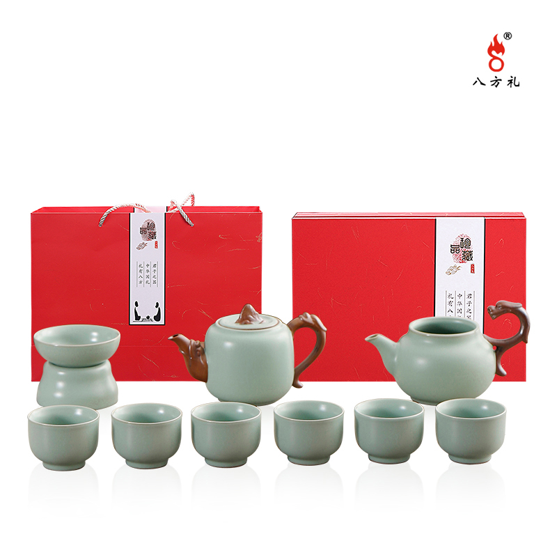 八方礼BFL2023-34龙行天下10入壶230ml杯40ml茶壶1茶海1茶漏1茶托1茶杯6(单位:套)豆青