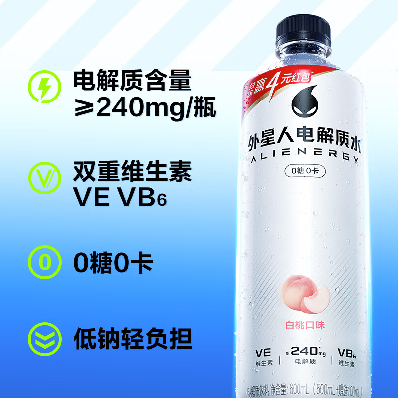 外星人 0糖0卡0脂肪功能性能量运动电解质水无糖饮料 白桃口味600ml*15瓶高清大图