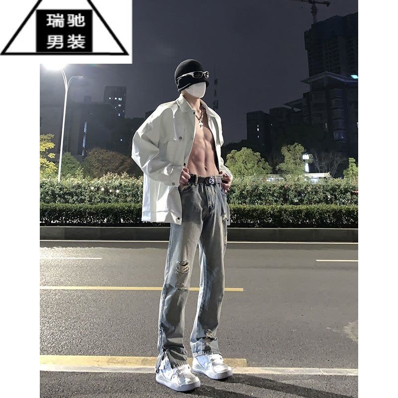 希杰狮王高街黄泥色牛仔裤男款夏季破洞复古直筒裤子美式潮牌薄款微喇裤图片