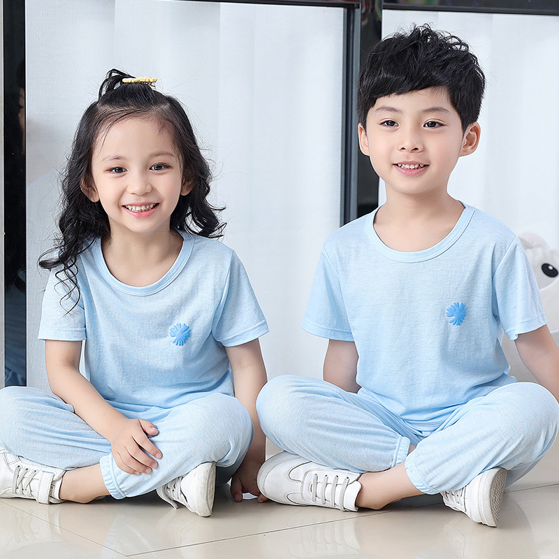 北极绒儿童冰丝短袖套装夏款男童女童中大童T恤家居服睡衣空调服高清大图
