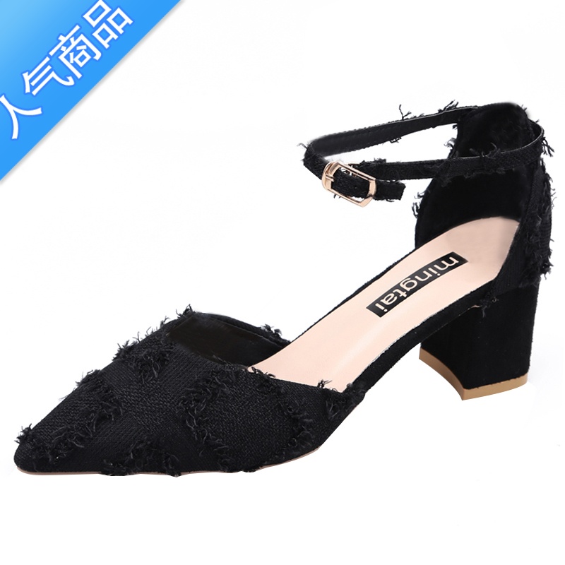 SUNTEK黑色尖头高跟鞋女粗跟2023春夏季新款法式中空包头凉鞋一高字跟U高清大图