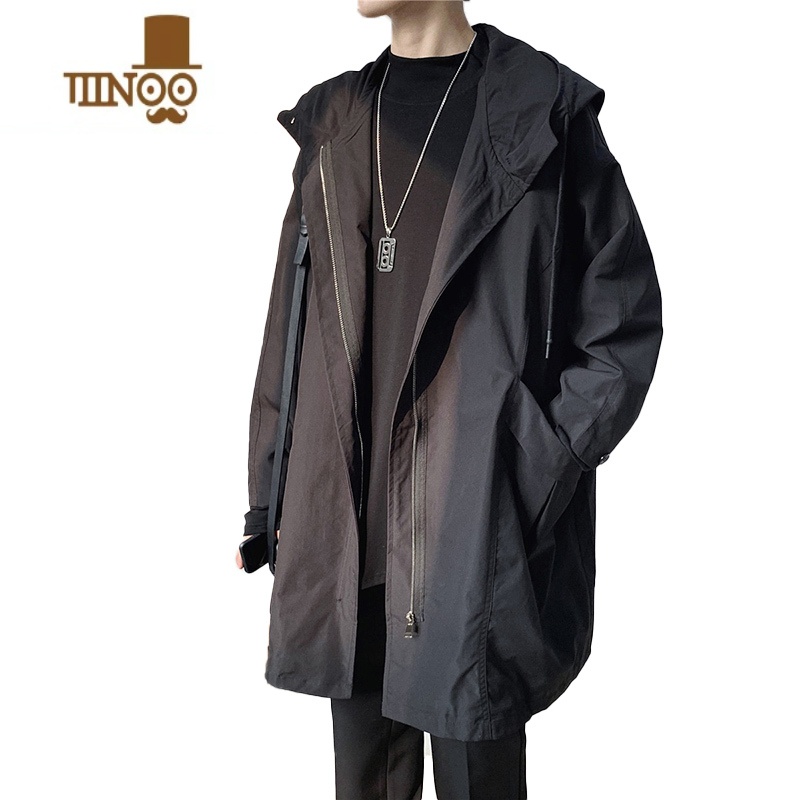 YANXU连帽中长款薄款风衣男英伦风ins潮宽松百搭工装休闲大衣外套高清大图