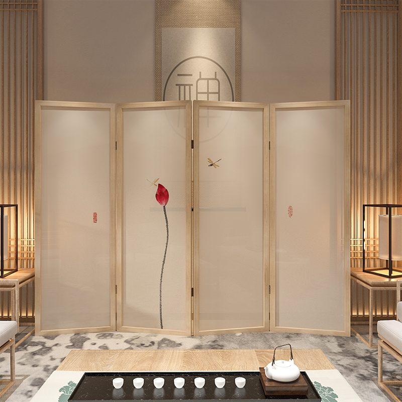 BONJEAN新中式屏风折屏折叠隔断装饰客厅卧室可移动素雅荷花进遮挡玄关高清大图
