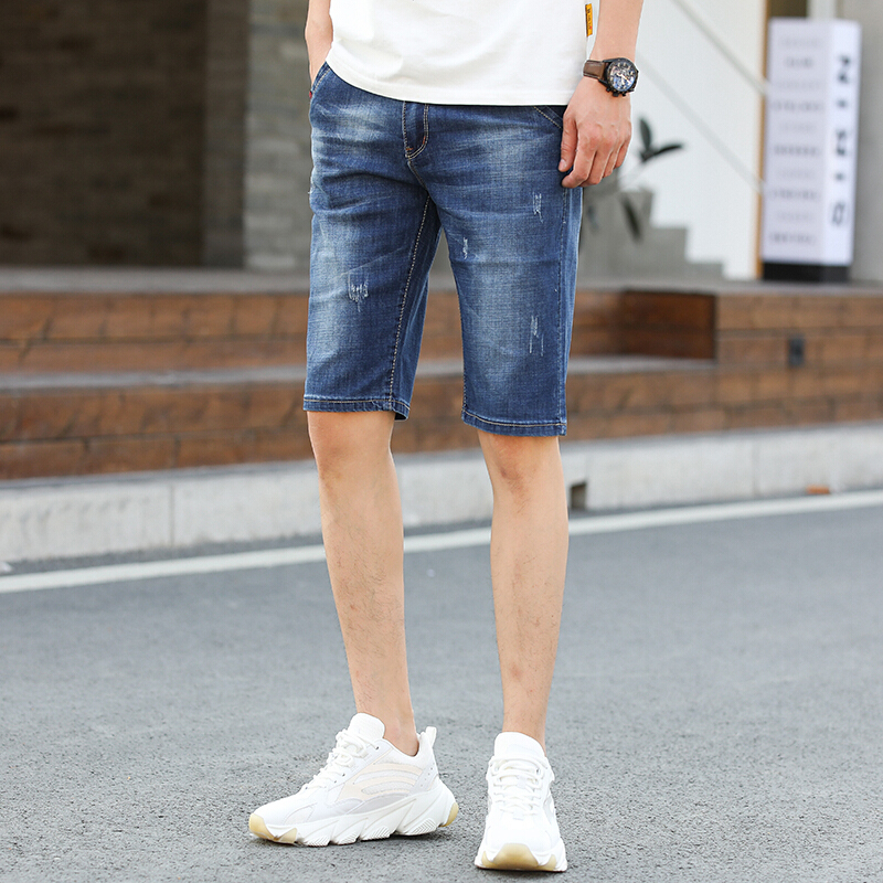 梵克公牛装夏季水洗牛仔男生流商务休闲休闲马裤男士分5分短款蓝色