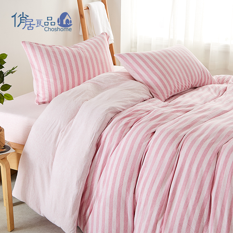 俏居(Choshome)家纺 日式四件套纯棉新疆长绒棉针织棉床笠被套简约条纹款全棉天竺棉套件高清大图