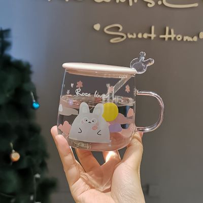 少女心玻璃杯带把杯子水杯耐高温茶杯马克杯带盖勺耐热学生治愈系 Roselover