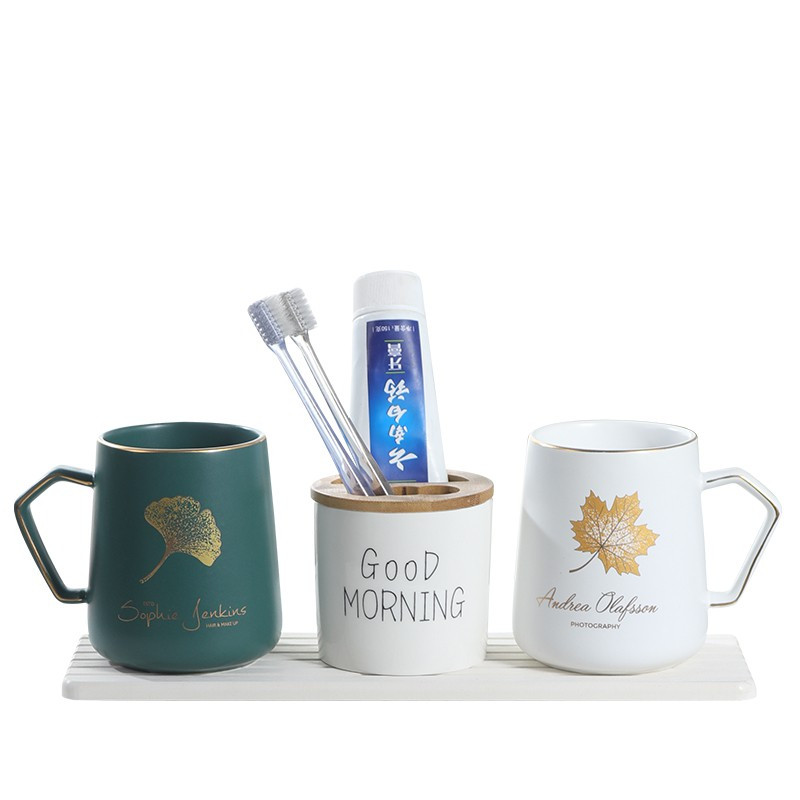 北欧情侣漱口杯轻奢刷牙杯子家用洗漱杯套装牙缸杯陶瓷牙刷杯一对 三维工匠 哑光银杏绿+枫叶白四件套含硅藻泥托