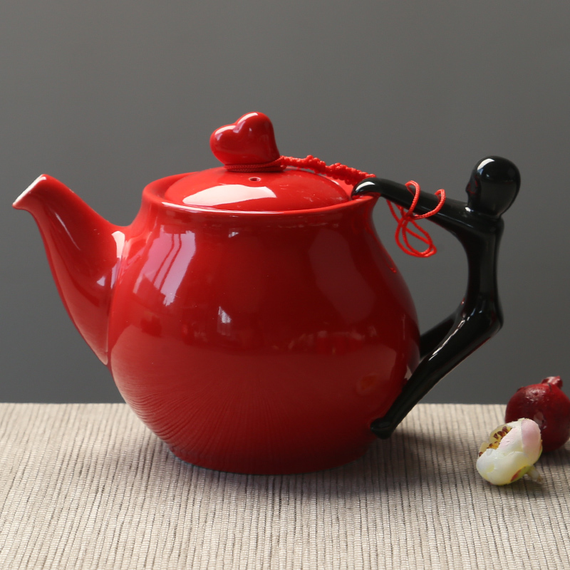 苏氏陶瓷(SUSHI CERAMICS)个性茶具红釉黑柄斜茶壶斜茶杯10头陶瓷功夫茶具套装礼盒