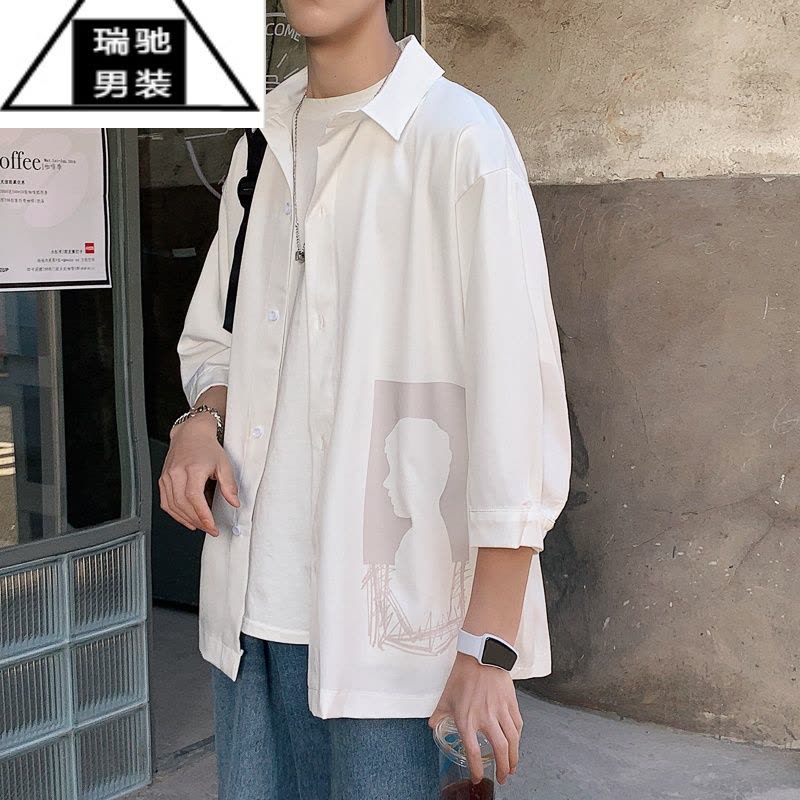 希杰狮王短袖衬衫男宽松七分袖上衣ins港风痞帅衬衣韩版潮流夏季薄款外套图片