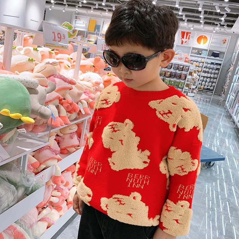 智扣男童毛衣红色虎头上衣新年儿童虎年本命年衣服女童秋冬老虎亲子装