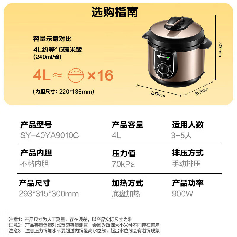 苏泊尔(SUPOR)一人食电压力锅4L 旋钮操控多功能3-5人家用煲汤煮粥保温不粘内胆SY-40YA9010C高压锅