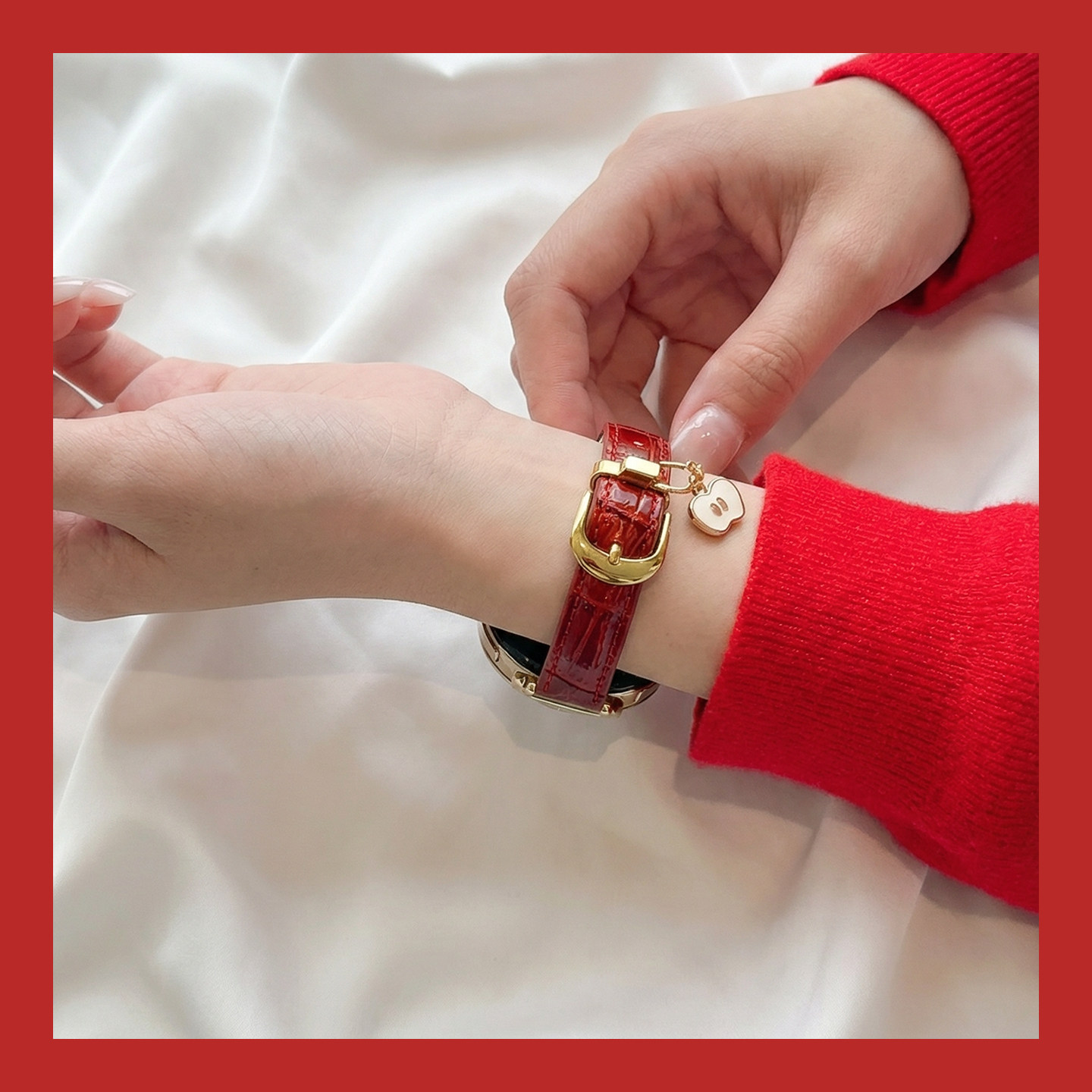 适用于小米watch5手表表带女S4 41mm酒红车厘子显白亮面竹节纹3139B高清大图