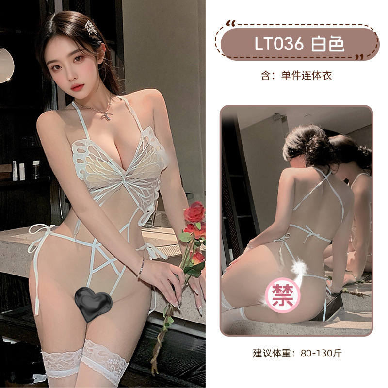 九里晴川性感纯欲风吊带连体衣深V蝴蝶透肤露背系带绑带设计显瘦 九里晴川LT036【蝴蝶镂空连体衣-开裆-灰】 均码