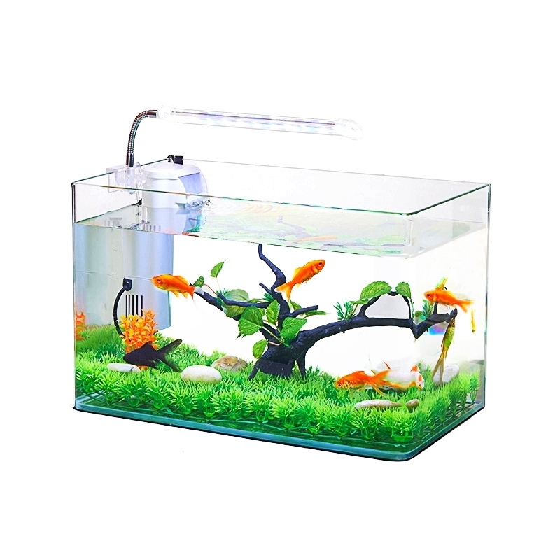 桌面长方形小鱼缸迷你水族箱生态超白金鱼缸小型缸创意免换水家用_2 默认尺寸 长30X宽18X高20cm鱼缸+过滤+LED灯（无造景）