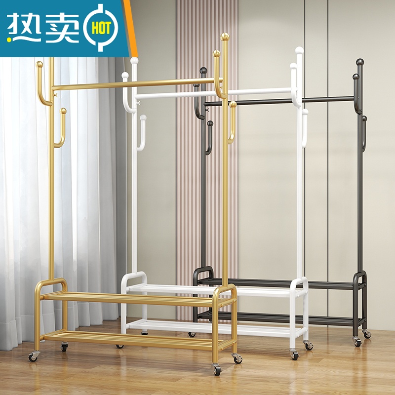 敬平衣帽架简易落地晾衣杆租房省空间晾晒挂衣服架室内床头挂衣杆带轮 白色长60高175配2.0轮子晾晒架高清大图