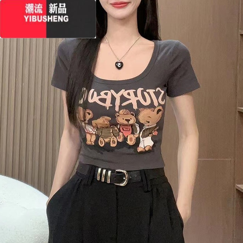 YIBUSHENG辣妹U领短袖t恤女2024年新款季设计感小众高腰紧身显瘦短款上衣高清大图