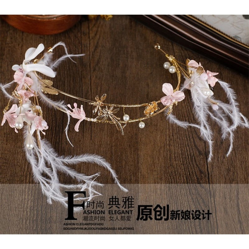 新娘头饰 甜美灵动花朵羽毛蝴蝶箍 巴洛克蜻蜓饰结婚饰品送女朋友老婆生日礼物