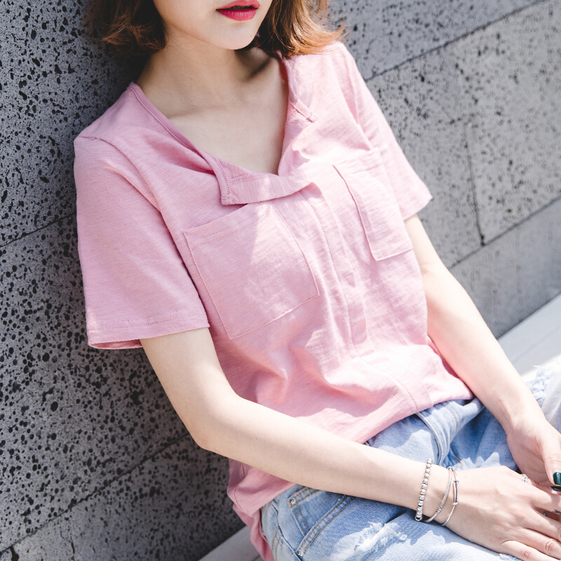半袖v领T恤女装大码宽松纯棉短袖夏季宽松全棉百搭上衣紫色短袖